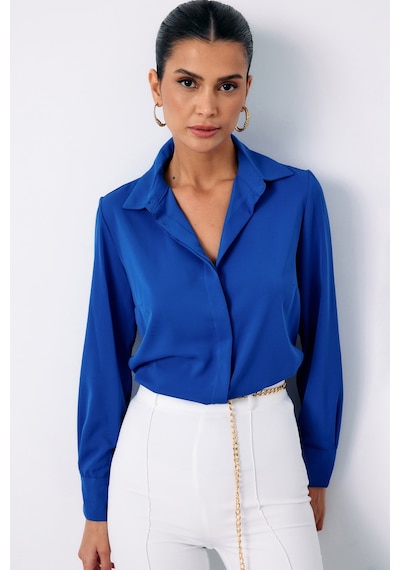 Sateen Klasik Düz Gömlek - Sax Mavi-132870 Saks
