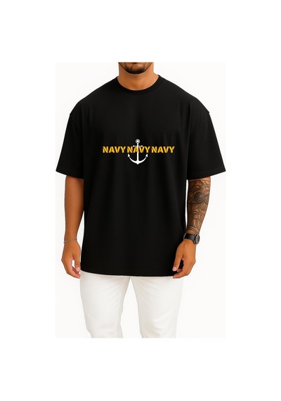 Bahriyeli Collection Oversize Chest Trio Navy Anchor Göğüs Ve Sırt Baskılı Unisex T-shirt Siyah