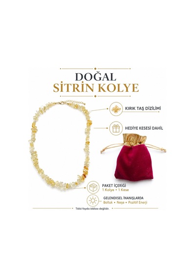 Doğal Sitrin Taşı Kırık Taş Kolye - Hediyelik Keseli Yeşim