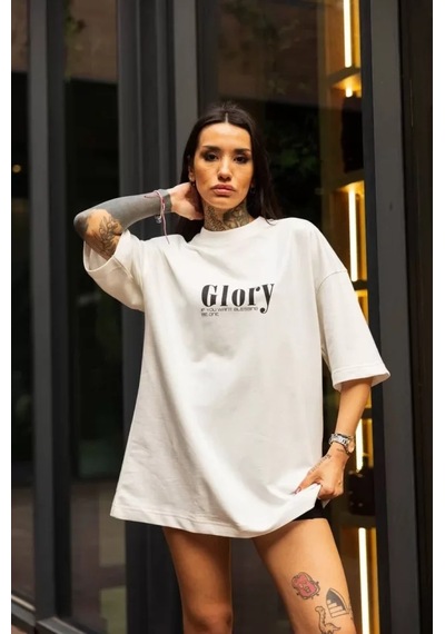 Modi Unisex Bisiklet Yaka Baskılı Oversize T-shirt - Beyaz