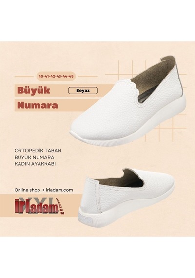 41-42-43-44 Numaralarda N0609 Beyaz Soft Deri Çok Hafif Yumuşak Ortopedik Taban Büyük Numara Kadın Ayakkabı Beyaz