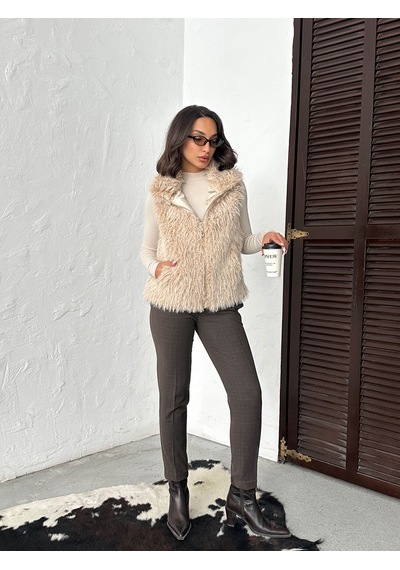 Verymoda Yapay Kürk Kadın Yelek Fermuarlı, Yumuşak Dokulu I Vmf2046 Taş