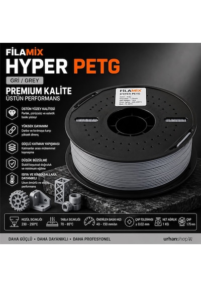Filamix Hyper Petg Gri Filament 1.75mm 1kg Plastik Makara Hızlı