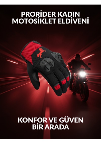 Prorider Yüksek Korumalı Kadın Motosiklet Eldiveni Kırmızı Avuç İçi Slider Korumalı