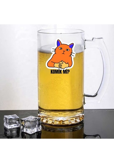 Komik Mi Turuncu Kedi Tasarımlı Bira Bardağı - Eğlenceli Espirili Cam Bira Kupası Renkli
