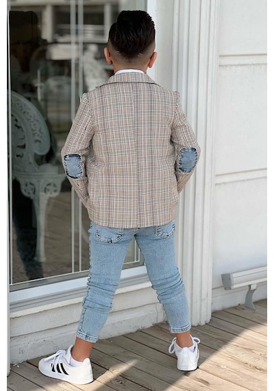 Riccotarz Erkek Çocuk Çizgili Blazer Ceket Kot Pantolon Gri Alt Üst Takım 001