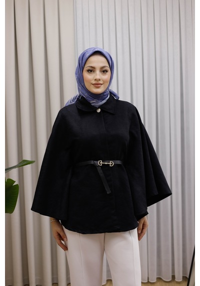 Moonsc Kemerli Süet Panço Siyah