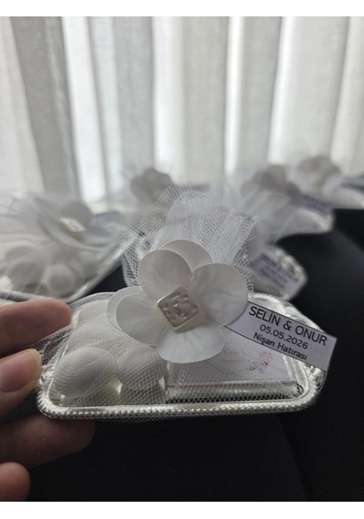 Şık Mini Tepsi Hediyelik Badem Şekerli Ve Çiçekli Süsleme Nişan, Söz, Nikah "10 Adet"
