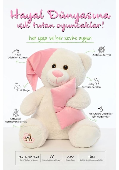 Pufu Toys Uyku Arkadaşım Yumuşak Yastık Peluş Ayıcık 65 Cm Pembe