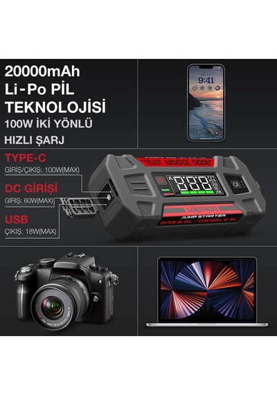 Tr J1000 12v 1000amp Lifepo4 Akıllı Akü Takviye + Powerbank + Led Lamba