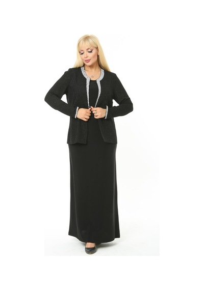Ladies First Büyük Beden 3729 Siyah Gümüş Abiye Ceket+Elbise Takım 001