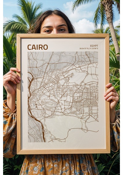 Kahire Mısır Cairo-egypt Haritası Çerçeveli Tablo Lüks Salon Duvar Dekorasyonu Hediyelik Tablo Kayın
