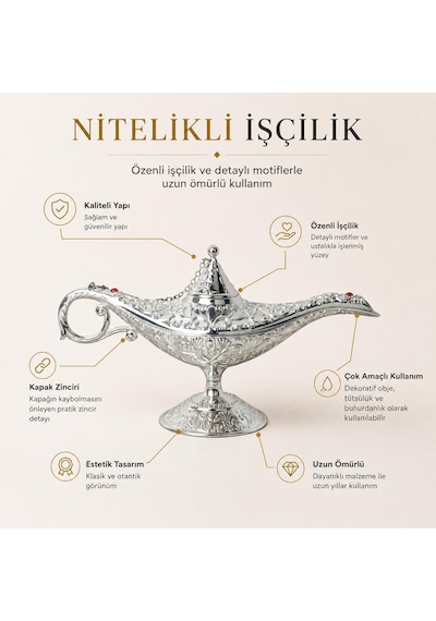 Lüks Alaaddin Sihirli Lamba 35 Cm Tütsülük Buhurdanlık Zamak İşlemeli Dekoratif Biblo Obje 01526515