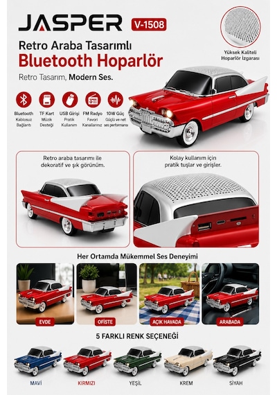 Jasper Jpr-1508 Nostaljik Araba Tasarımlı Bluetooth Hoparlör 10w Güçlü Ses Fm Radyo Usb Tf Kart Destekli 10232111