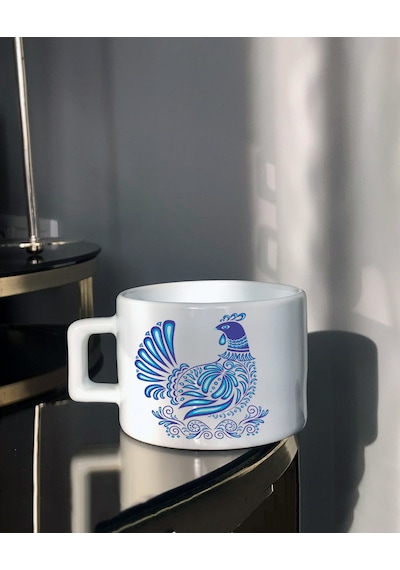Küçük Mavi Horoz Tasarımlı Çay Fincanı Beyaz