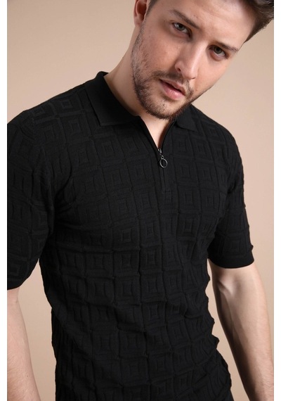 Ferraro Siyah Polo Yaka Fermuarlı Erkek Pamuk Triko T-Shirt-Siyah (417942274) Siyah