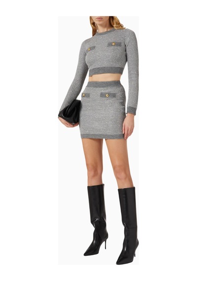 Elisabetta Franchi Wool - Blend Knit Mini Skirt Lüks, Payetli Ve Şık Düğmeli Etek Gri