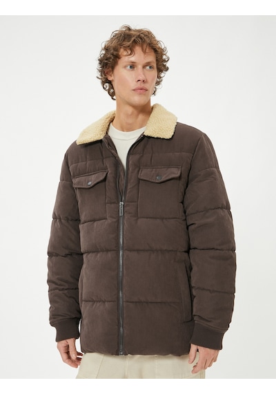 Koton Slim Fit Şişme Mont Peluş Yaka Detaylı Fermuarlı Kahverengi 5wam20089hw Kahve Kahverengi