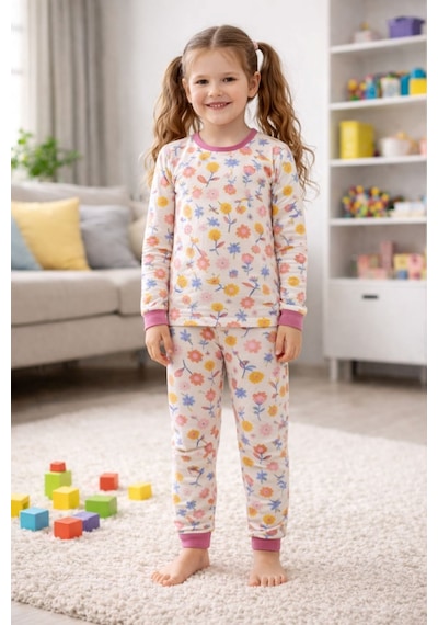 Kız Çocuk Flower Desenli 8 - 13 Yaş Pijama Takımı Krem