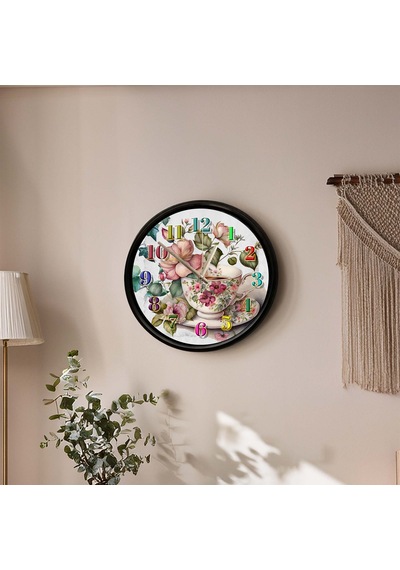 Çiçek Desenli Porselen Fincan Temalı Dekoratif Duvar Saati 28 Cm Sessiz Mekanizma Çok Renkli