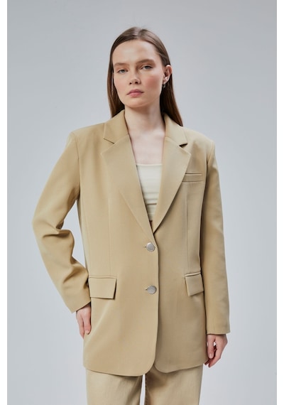 Kadın Oversize Düz Kesim Astarlı Dokuma Blazer Ceket Haki