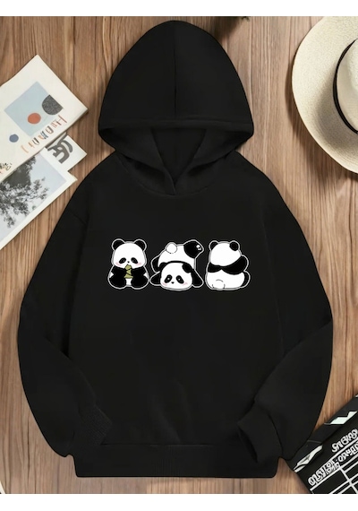 Uyguntarz Unisex Yaramaz Pandalar Baskılı Oversize Sweatshirt Siyah