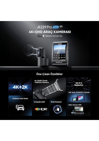 Viofo A229 Pro Tele 2 Kanallı Ön+telefoto 4k+2k Hdr Sony Starvıs 2 Sensör Gps'li Araç Kamerası