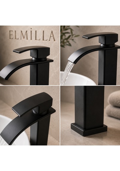 Lüx Krom Premium Mat Siyah Şelale Çanak Lavabo Bataryası Çift Su Girişli Modern Musluk