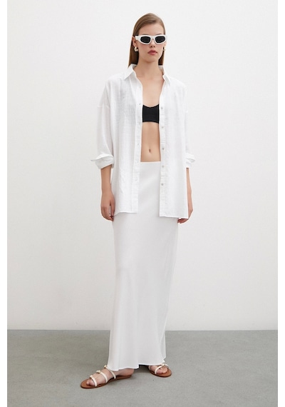 Never More Oversize Keten Gömlek Beyaz Beyaz