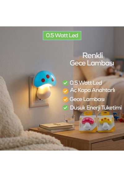 Softled-7019 Mantar Figürlü Renkli Gece Lambası - 0.5w 3 Led- 10'li Paket Diğer