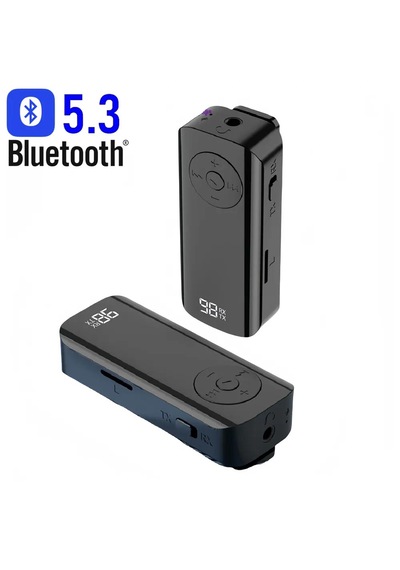 M06 Yaka Klipsli Bluetooth 5.3 Ses Alıcı Ve Verici Adaptör Transmitter Receiver Lcd Dijital Ekranlı & Micro Kart Destekli Tv Pc Araç 3.5mm Aux Rca Kablo