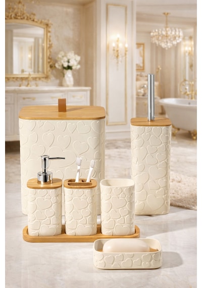 Makri Home Desenli 7 Parça Bambu Kapaklı Ve Aksesuarlı Banyo Seti Beyaz