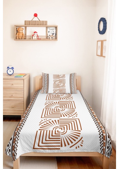 Kahverengi Geometrik Tek Kişilik Dekoratif Pike Takımı - Beyaz Etnik Bohem 160x220 Cm Yatak Örtüsü Kumlu Misk Uyumu