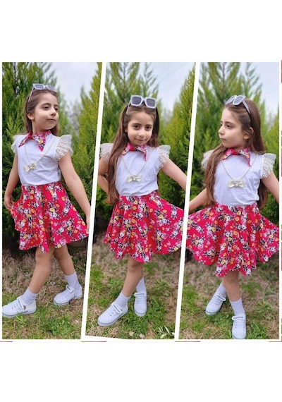 MODAVALS DANTELLİ KOLYELİ ÇİÇEK DESENLİ KIZ ÇOCUK ETEKLİ KOMBİN - KIRMIZI Çok Renkli