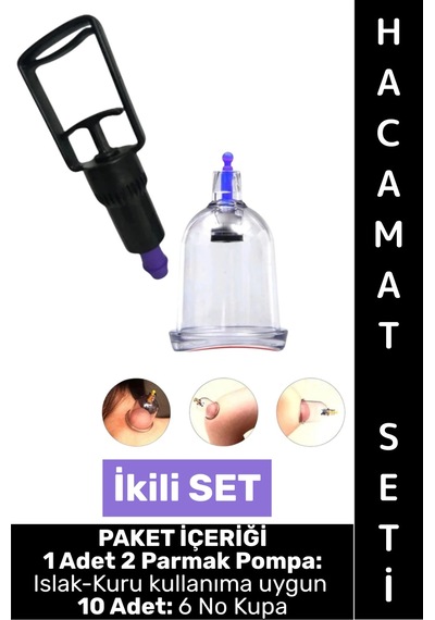 Hacamatseti Islak Kuru Kullanıma Uygun 2 Parmak Pompa 10 Adet 6 No Kupa Çekme İkili Hacamat Seti