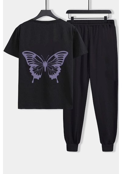 Uyguntarz Unisex Butterfly Baskılı 2'li Eşofman Takımı Siyah