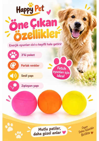 Happy Pet Glow Balls Renkli Ve Parlak Sesli Top Köpek Oyuncağı 3'lü Paket