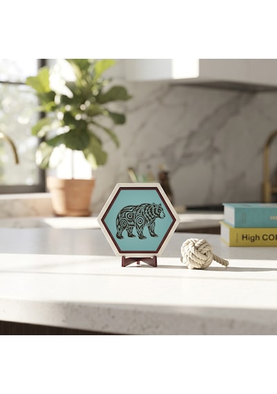Ayı Desenli Masaüstü Aksesuarı, Modern Yaşam Alanlarınıza Estetik Dokunuş Katan Butik Bir Obje Tasarımı 10x10 Cm, Turkuaz