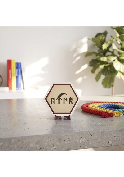 Modern Çizgilerle Göktürkçe Türk Ve Ay Yıldız Masaüstü Süsü Ofisiniz İçin Profesyonel Ve Şık Bir Seçim 10x10 Cm, Pudra
