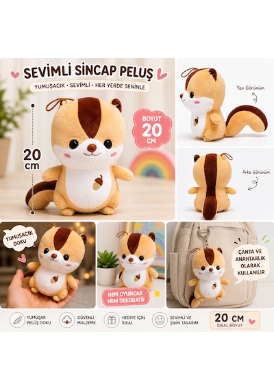 Sevimli Sincap Peluş Oyuncak 20 Cm Yumuşacık Dolgulu Kahverengi