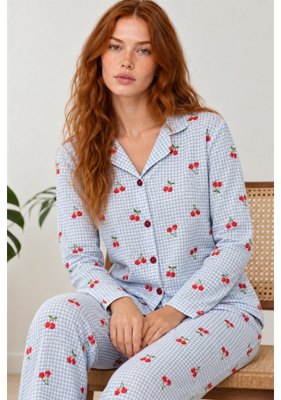 Fit Women Kadın Kiraz Desenli Pötikare Mavi Pijama Takımı 4792