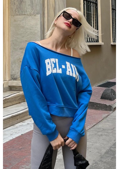 Saks Kayık Yaka Baskılı Kadın Sweatshirt Mg2205