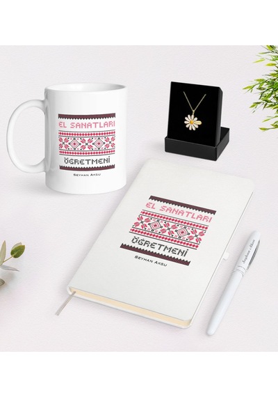 Kişiye Özel El Sanatları Öğretmeni Beyaz Kupa Defter Kalem Ve Isi