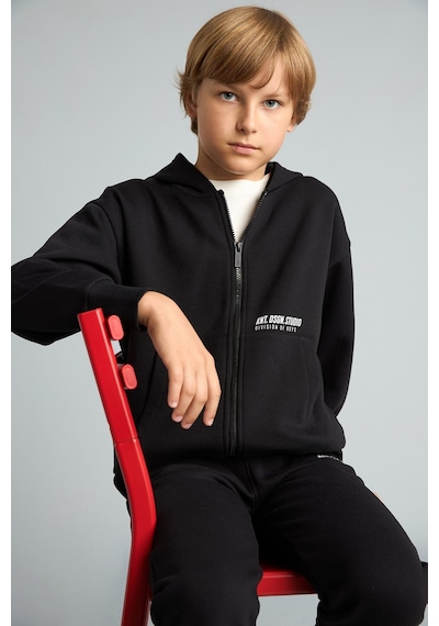 Defacto Baskılı Kapüşonlu Fermuarlı Cepli Sweatshirt Hırka Erkek Çocuk H9681a826wnbk81 Siyah-bk81
