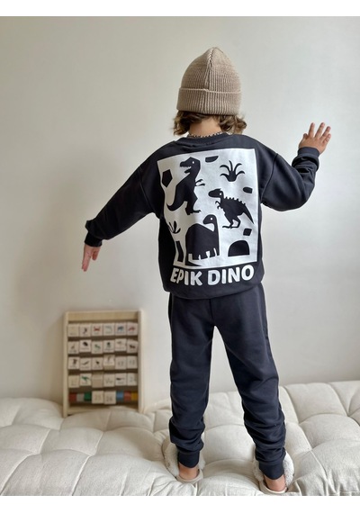 Jolly Kids Erkek Çocuk Yazı Baskılı Sweatshirt Takım Koyu Gri