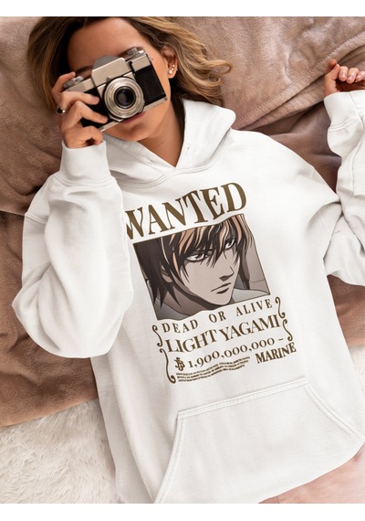 Sevbano Wanted Light Yagami Baskılı Unisex Oversize Anime Hoodie beyaz