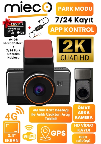 Mieco G4  2K QHD / GPS / 4G / Wifi / 140° Geniş Açı / Gece Görüşü / Ön + Arka Kamera / Sim Kartlı Araç Kamerası (2025) + Hafıza Kartı ve Park Kiti