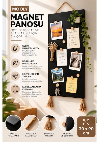Mooly 30x90 Cm Siyah Mıknatıslı Metal Pano, Hasır İpli Dekoratif Magnet Ve Fotoğraf Panosu 30 X 90