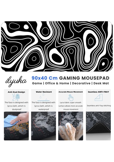 İlyuka Mousepad 90x40cm Büyük Boy Xxl Black And White Top. Map