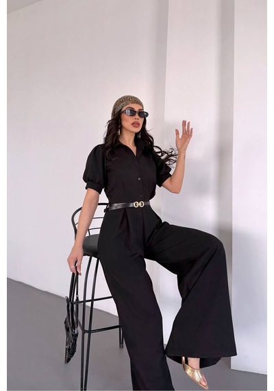 Neşeli Butik Kadın Gömlek Yaka Kemerli Geniş Paça Tulum Nbk4197 Siyah